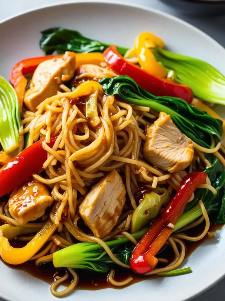 A plate of stir-fried noodles with chicken and vegetables. The noodles are coated in a flavorful sauce, and the dish is garnished with colorful bell peppers, bok choy, and green onions. It looks like a delicious and satisfying meal.