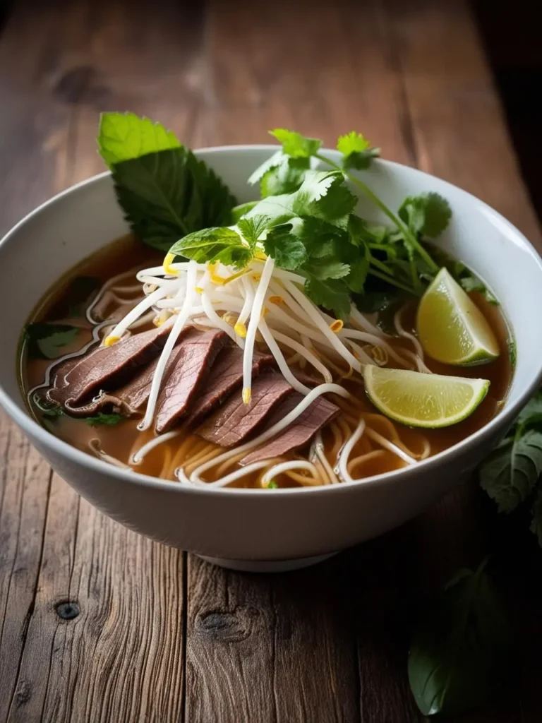 A steaming bowl of pho, a Vietnamese noodle soup. The broth is rich and flavorful, filled with tender beef slices, rice noodles, and fresh herbs like cilantro and basil. Sliced limes and bean sprouts are ready to be added for a burst of freshness.