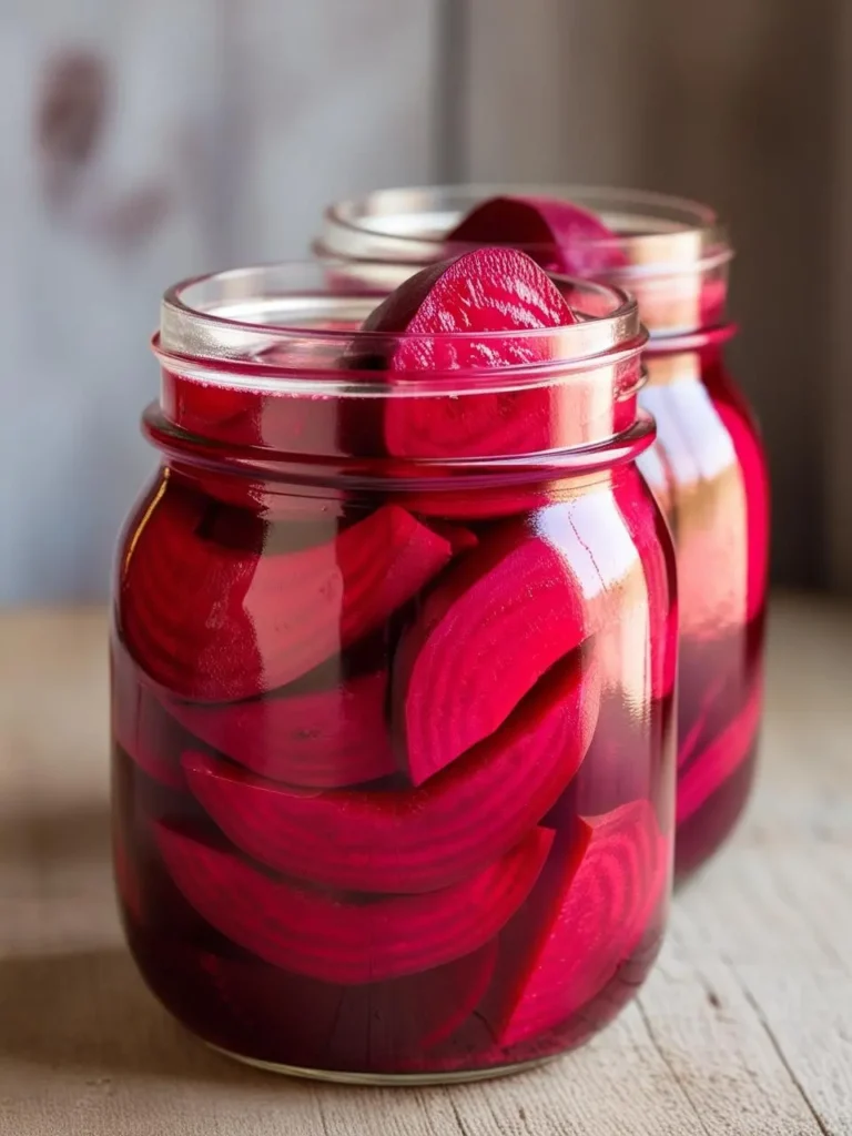 Two glass jars filled with pickled beets. The beets are a vibrant shade of red and are submerged in a clear brine solution. The jars are sitting on a wooden surface, creating a rustic and inviting scene. Pickled beets are a tangy and flavorful condiment often enjoyed as a side dish or in salads.