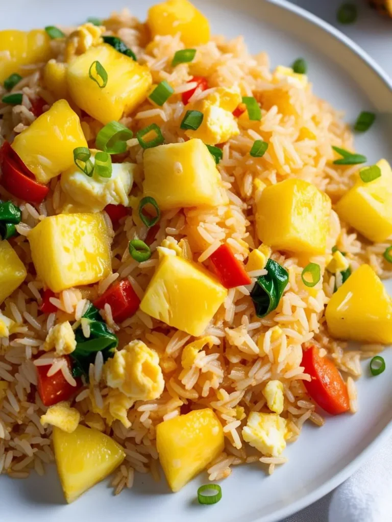 A plate of vibrant pineapple fried rice. The rice is mixed with chunks of pineapple, scrambled egg, and chopped vegetables like carrots and red bell peppers. The dish is garnished with chopped green onions.