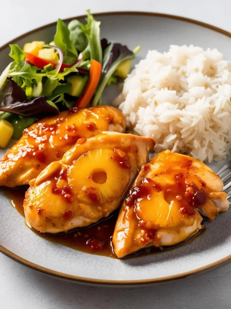 A plate of glazed chicken breasts topped with pineapple rings and a sweet and savory sauce. The dish is served with a side of steamed white rice and a colorful salad.