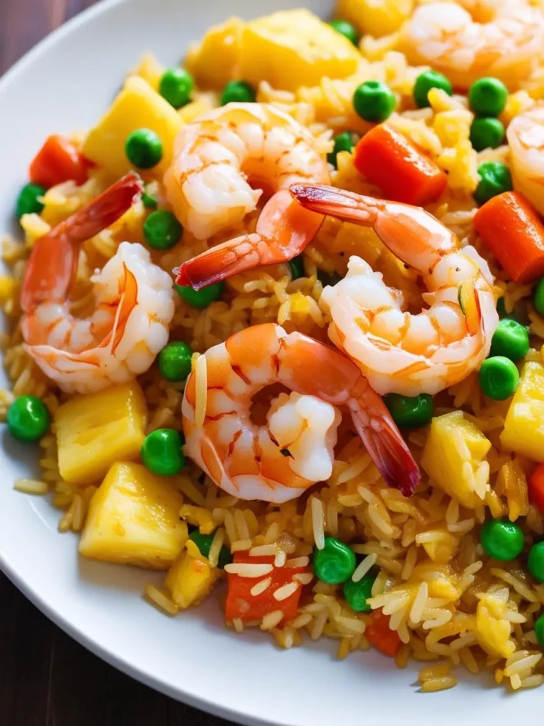 A plate of colorful and flavorful pineapple shrimp fried rice. The dish features fluffy rice, plump shrimp, sweet pineapple chunks, and vibrant peas and carrots. This dish is a flavorful and satisfying meal.