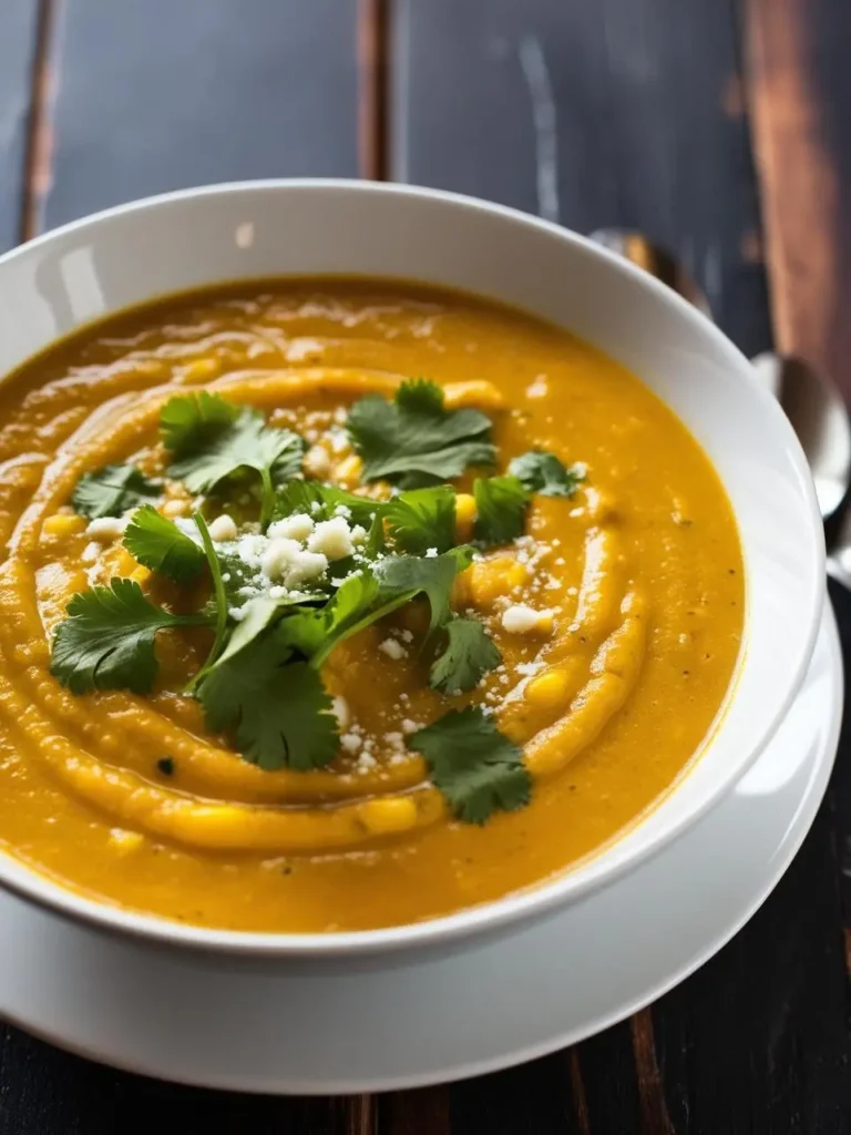 A bowl of creamy, golden corn chowder. The soup is topped with fresh cilantro, crumbled cheese, and a few kernels of corn. It looks warm, comforting, and perfect for a chilly day.