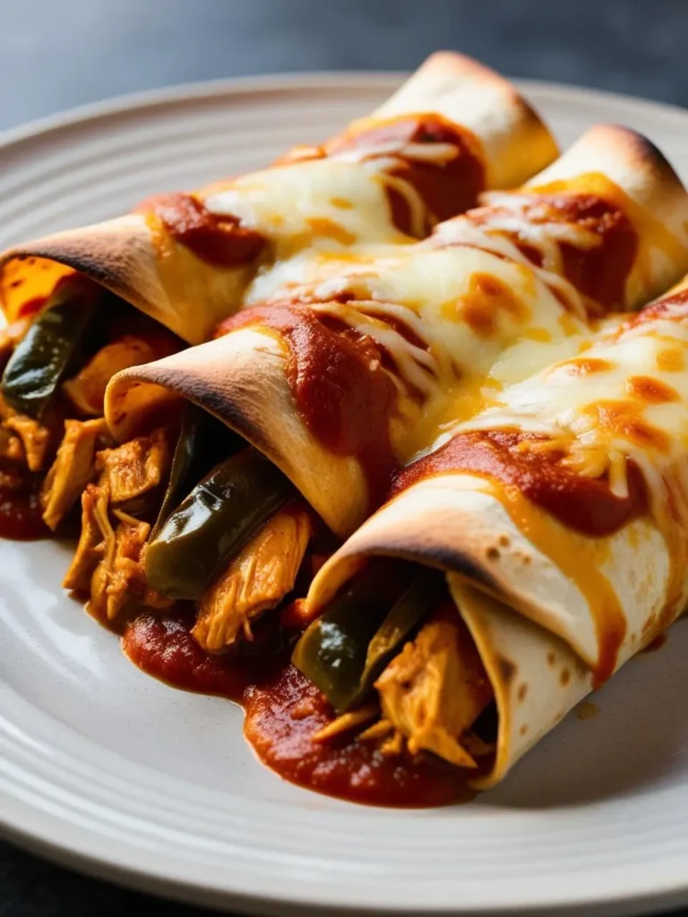 Three golden-brown enchiladas filled with a savory chicken and vegetable mixture. The enchiladas are generously topped with melted cheese and a rich, red sauce. The dish looks incredibly flavorful and satisfying.