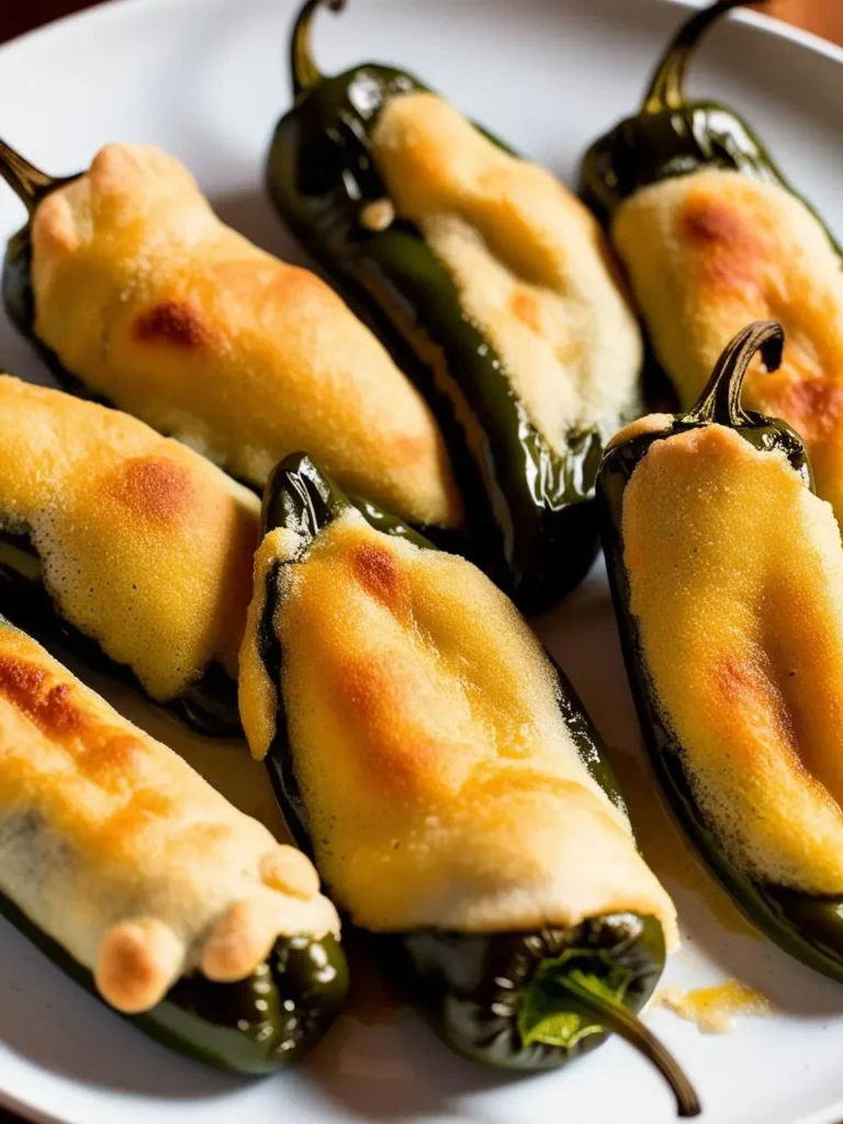 A plate of seven golden-brown poblano peppers stuffed with a cheesy filling. The peppers are arranged in a row, with their tops cut off and the filling visible. The dish looks delicious and ready to be served.