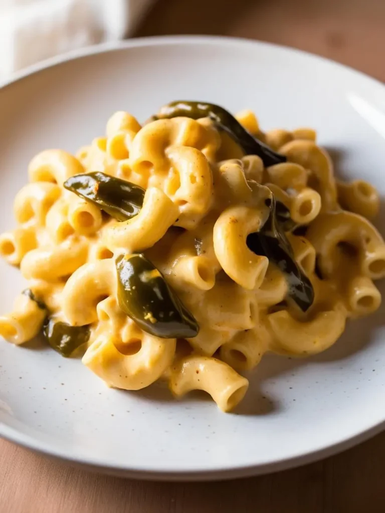 A plate of creamy macaroni and cheese with chunks of jalapeño peppers. The macaroni is coated in a rich, cheesy sauce, and the peppers add a touch of spice and freshness. The dish looks warm and inviting.