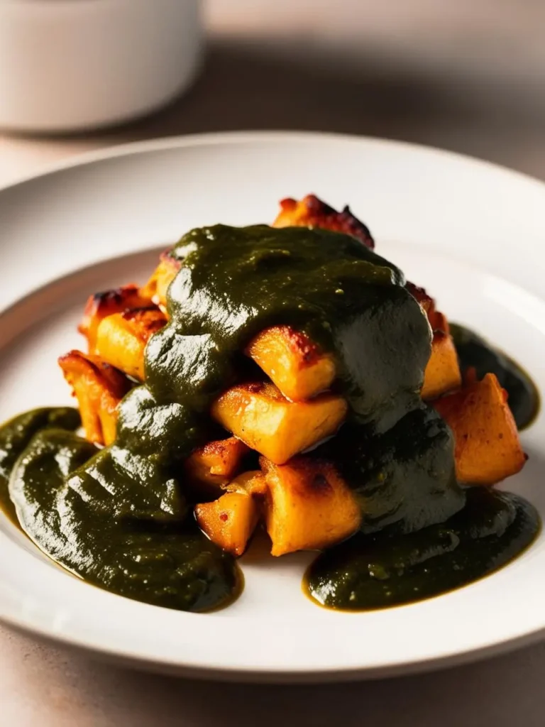 A plate of golden-brown gnocchi smothered in a rich, vibrant green sauce. The sauce appears to be a pesto or chimichurri, adding a burst of flavor and color to the dish. The gnocchi looks perfectly cooked and inviting.