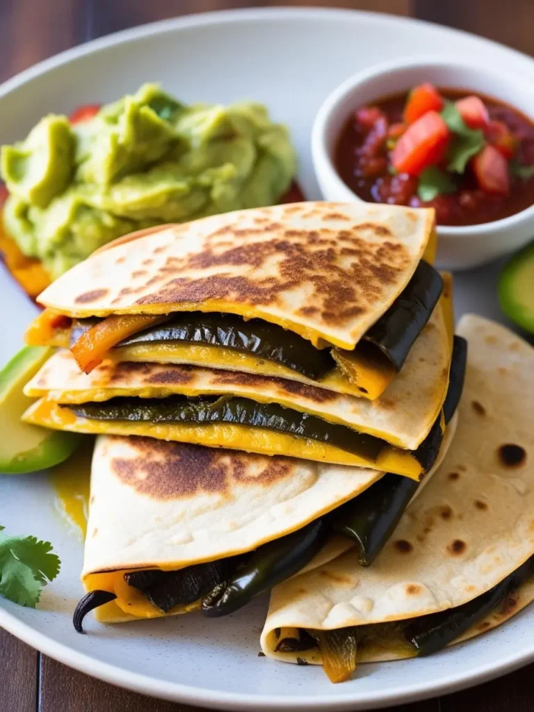 A plate of golden-brown quesadillas filled with melted cheese and roasted poblano peppers. The quesadillas are served alongside a bowl of guacamole and a side of salsa. The dish looks delicious and satisfying.