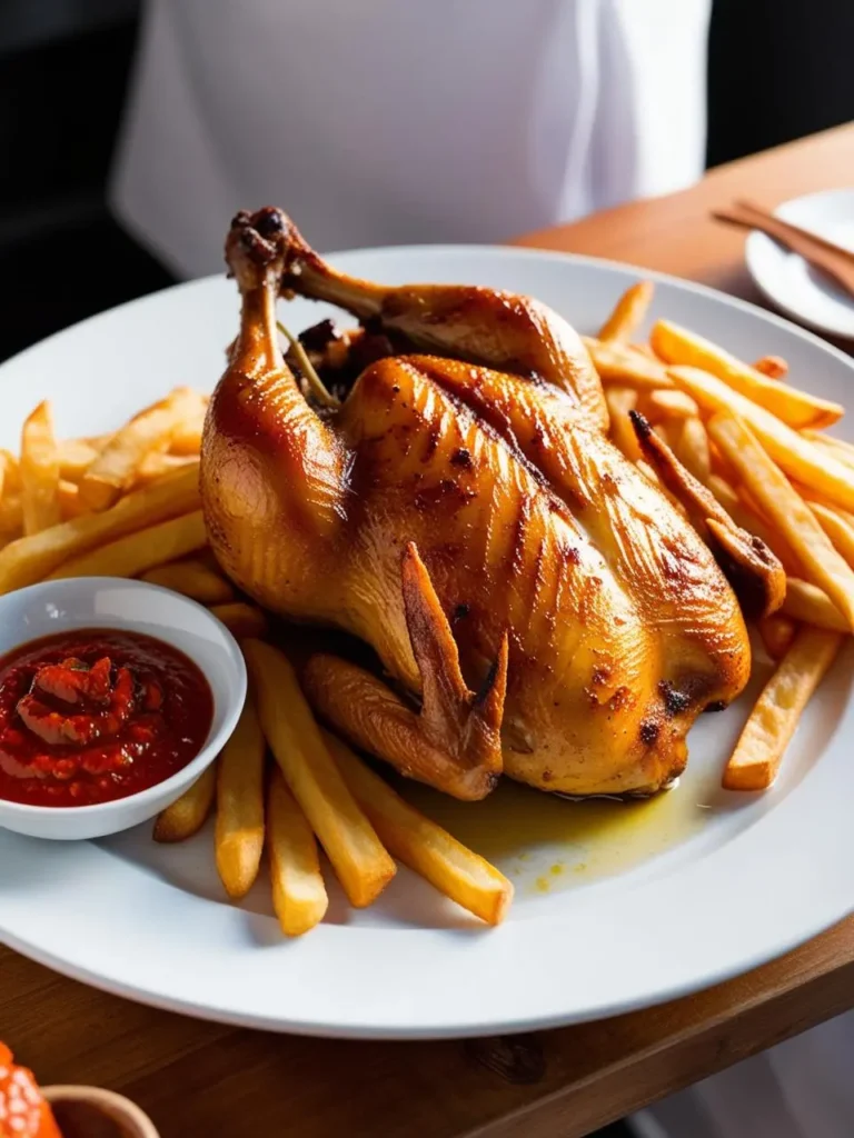 A golden-brown roasted chicken is the star of this dish, nestled on a bed of crispy French fries. A small bowl of vibrant red sauce adds a splash of color and flavor to the plate. It looks like a hearty and satisfying meal.