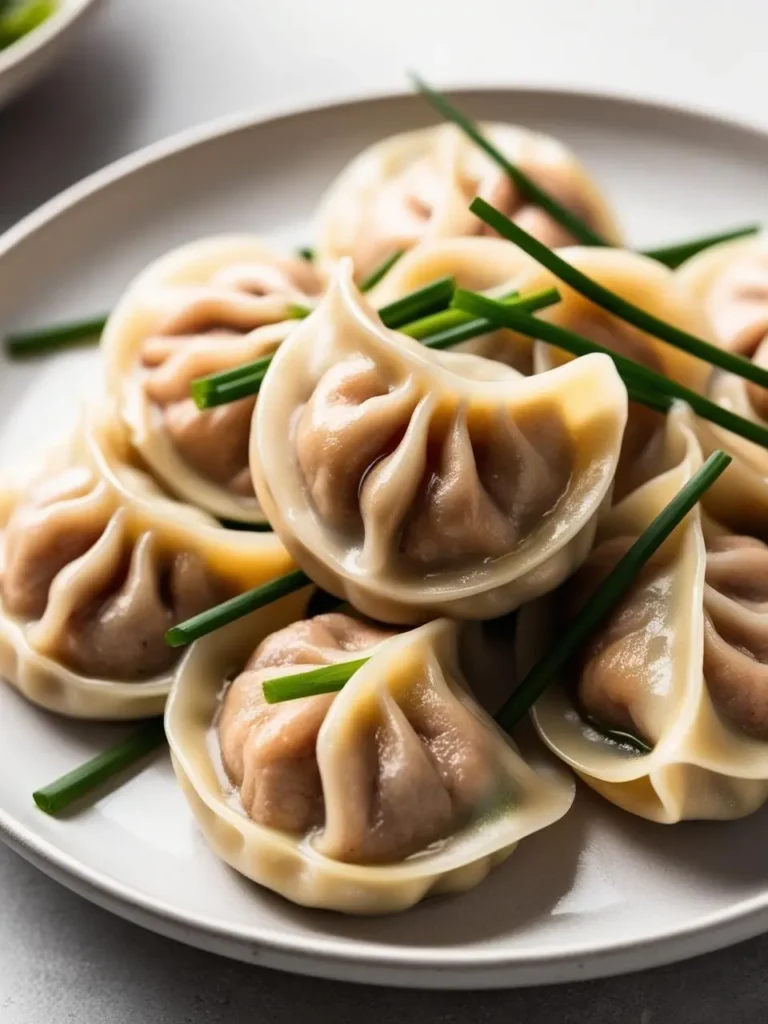 A plate of steamed dumplings with green onion garnish.