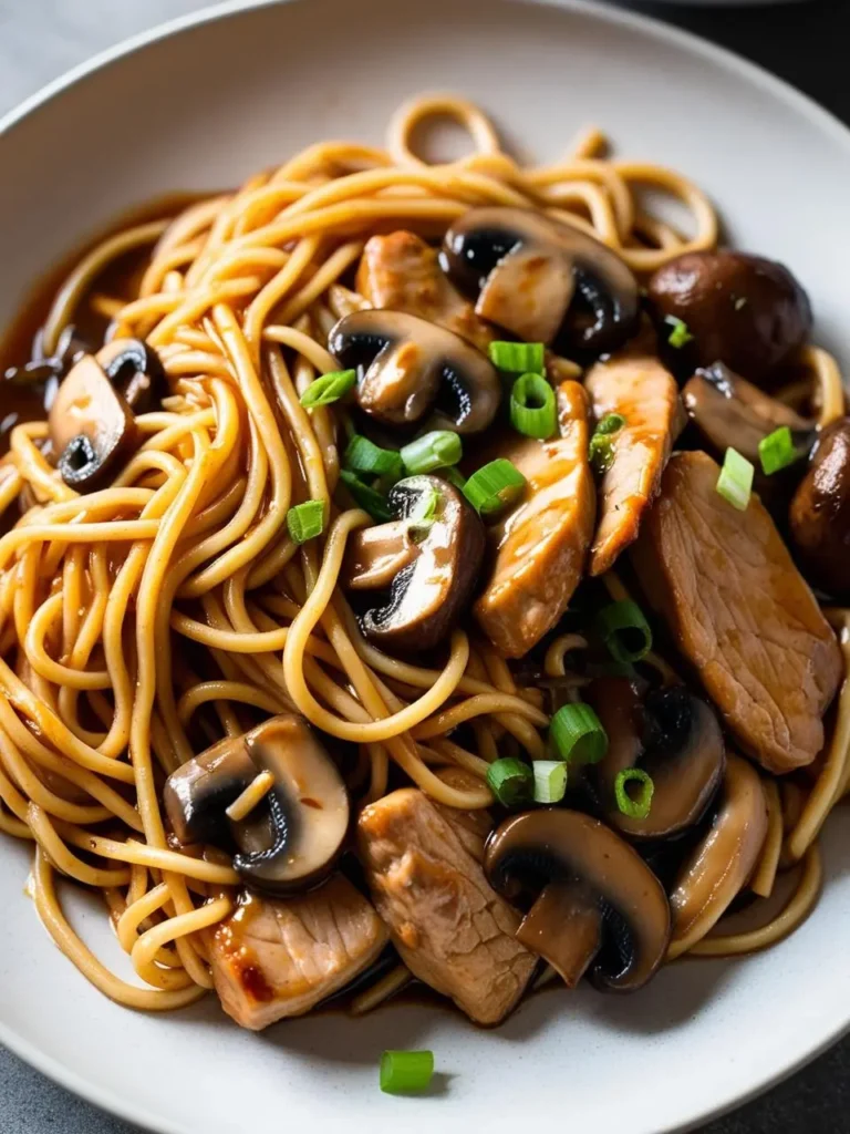 A plate of lo mein noodles stir-fried with savory pork, sliced mushrooms, and a rich, flavorful sauce. The dish is garnished with chopped green onions, adding a fresh touch. It looks delicious and satisfying.