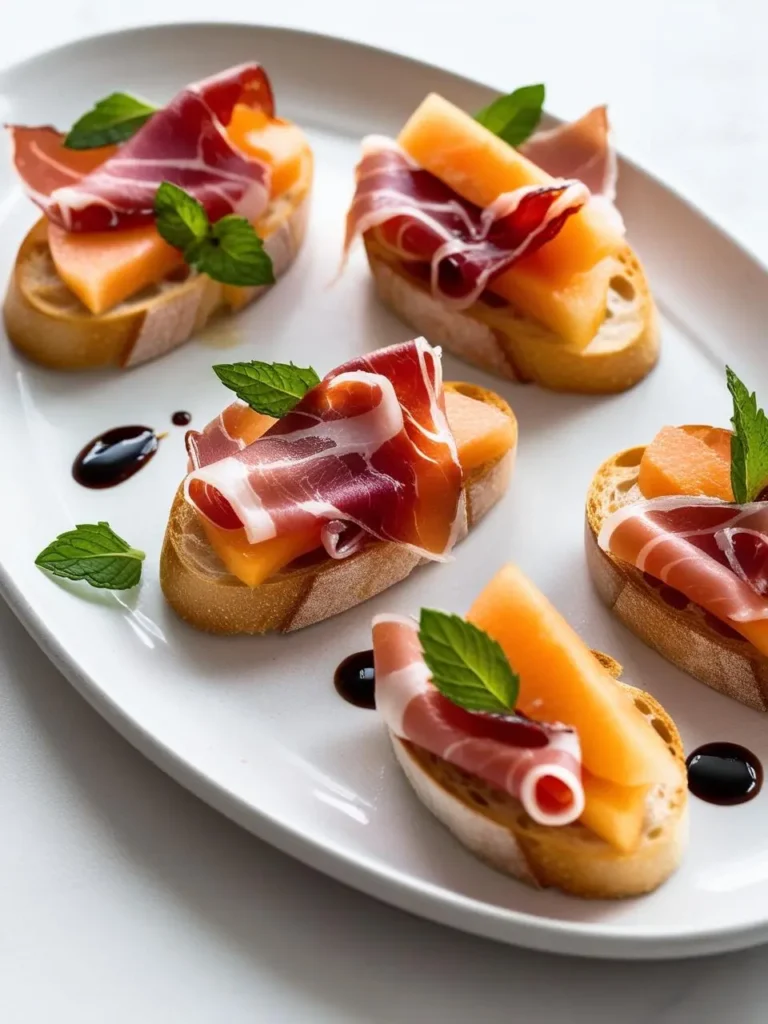 A plate of elegant crostini featuring a combination of sweet and savory flavors. Toasted bread is topped with thinly sliced prosciutto, juicy melon slices, and fresh mint leaves. Drizzles of balsamic glaze add a touch of richness and sophistication. The crostini look perfect for a sophisticated appetizer or light meal.