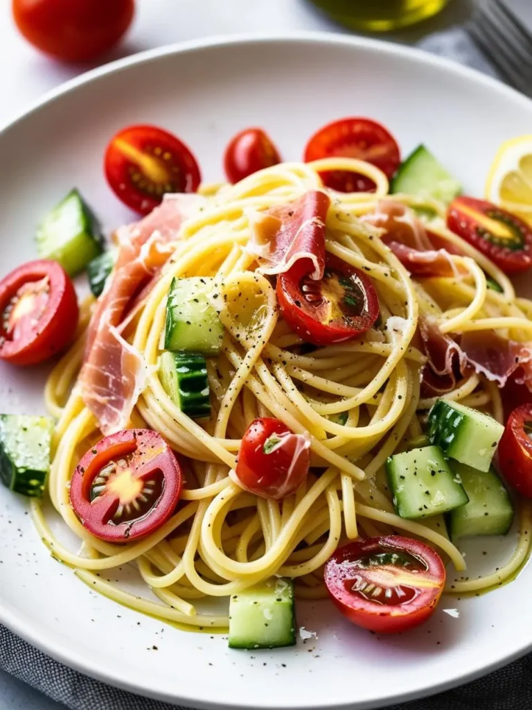 A plate of spaghetti pasta salad with cherry tomatoes, cucumbers, and prosciutto. The salad looks light and refreshing, perfect for a summer meal.