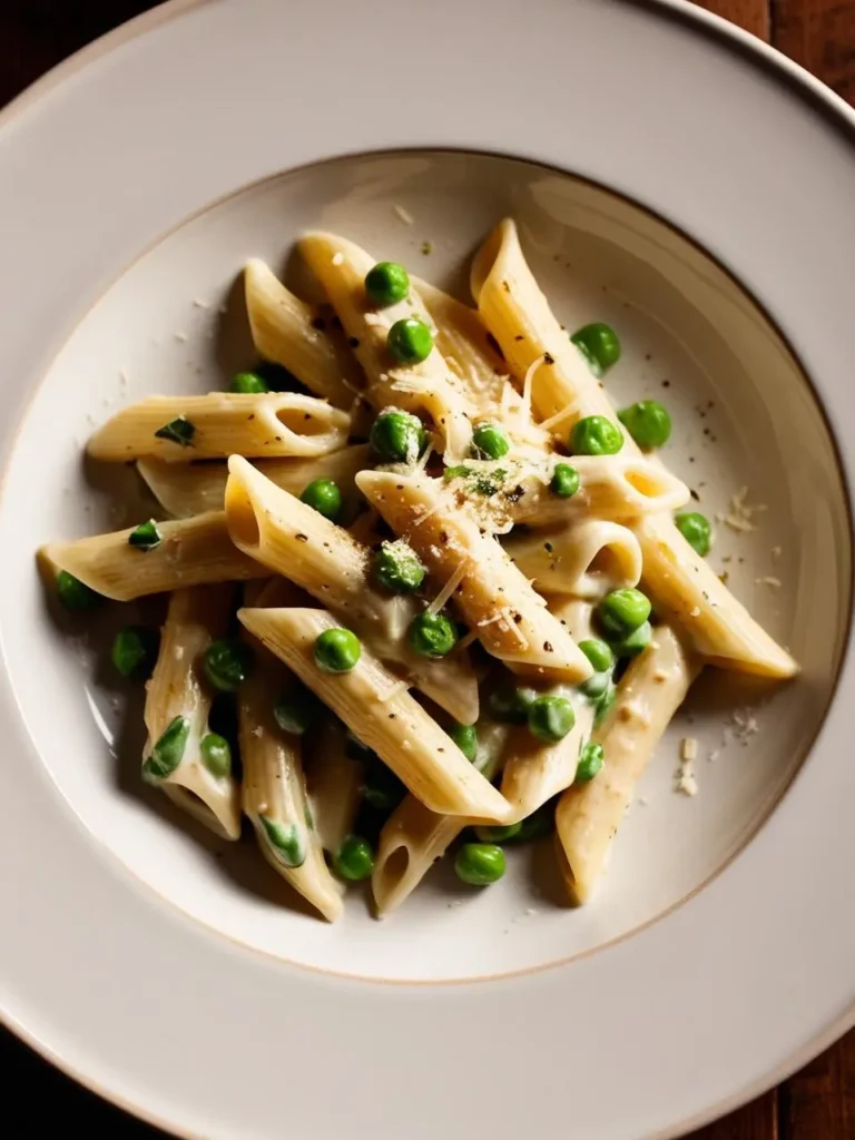 A plate of creamy pasta with peas. The pasta is coated in a rich, white sauce and scattered with bright green peas. The dish looks incredibly appetizing and perfect for a comforting meal.