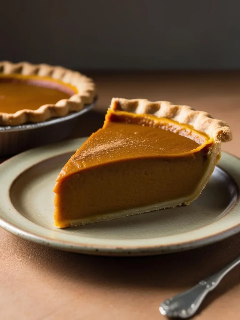 A slice of pumpkin pie sits on a plate, with a whole pie resting in the background. The pie is golden-brown with a flaky crust and sprinkled with cinnamon. A silver fork is placed on the table beside it. The image evokes the warmth and comfort of autumn and the holidays.