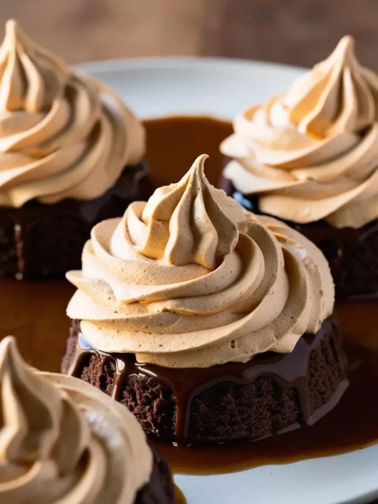 A plate of decadent chocolate cupcakes with swirls of fluffy peanut butter frosting. The cupcakes are drizzled with a rich caramel sauce, creating a decadent and irresistible dessert.