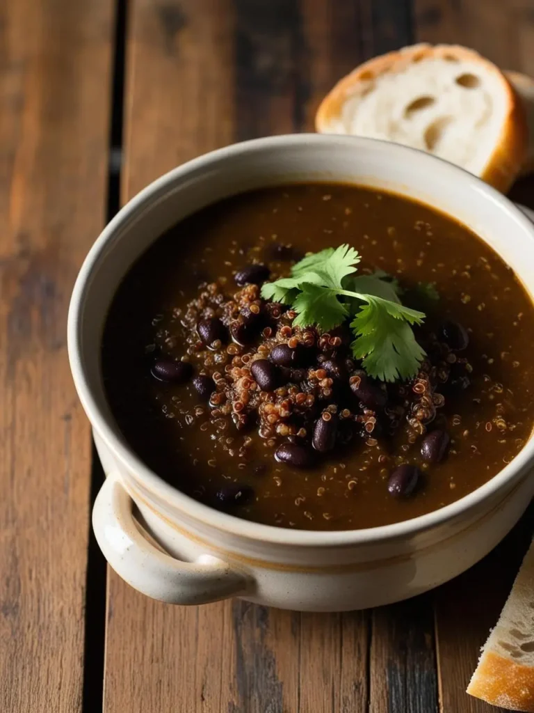 A bowl of hearty black bean soup with quinoa, garnished with fresh cilantro. Slices of crusty bread are visible in the background. The soup looks rich, flavorful, and perfect for a comforting meal.