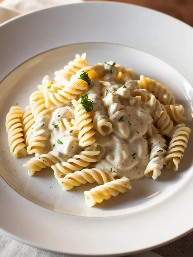 A plate of creamy pasta with a rich, white sauce. The pasta is likely coated in a classic Alfredo sauce, made with butter, cream, and Parmesan cheese. The dish is garnished with fresh parsley, adding a touch of color and aroma. It looks incredibly decadent and perfect for a comforting meal.