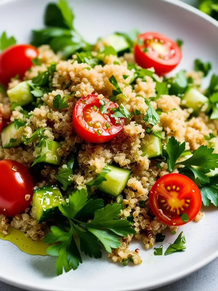 A plate of quinoa salad with fresh vegetables. The salad is made with cooked quinoa, diced cucumbers, cherry tomatoes, and chopped parsley. The dish looks light, refreshing, and perfect for a healthy meal.