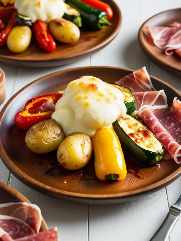 A plate of roasted vegetables topped with melted cheese, alongside a platter of cured ham. The dish looks like a delicious and elegant appetizer or light meal.