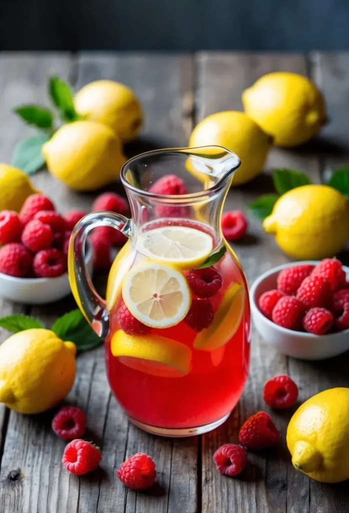 A pitcher of raspberry lemonade surrounded by fresh raspberries and lemons on a rustic wooden table