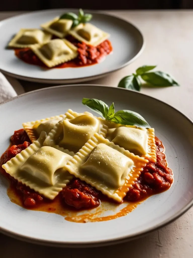 A plate of square-shaped ravioli covered in a rich tomato sauce. Fresh basil leaves are scattered on top, adding a touch of color and freshness. The dish looks delicious and inviting.