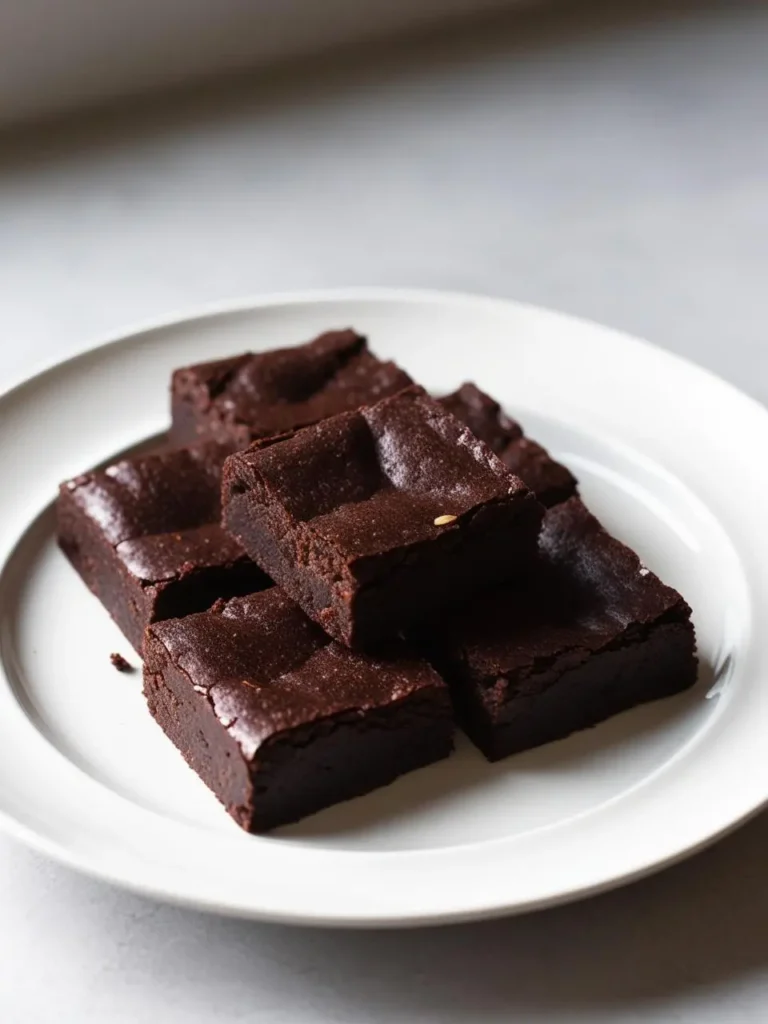 A plate of rich, fudgy brownies. The brownies are cut into squares and stacked on a white plate. They have a deep, dark chocolate color and look incredibly moist and decadent. The image makes you want to reach for a piece and indulge.