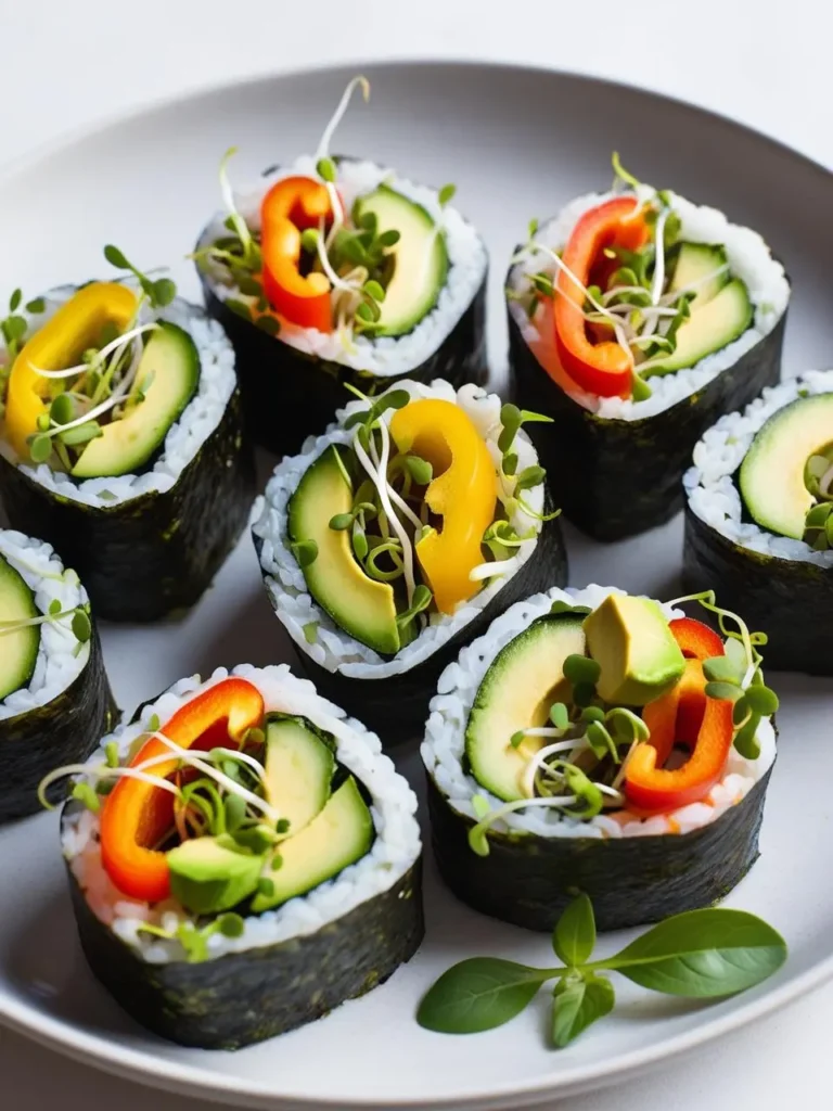 A plate of colorful vegan sushi rolls. Each roll is wrapped in seaweed and filled with white rice, sliced avocado, bell peppers, and microgreens. The rolls look fresh, vibrant, and perfect for a healthy and delicious meal.