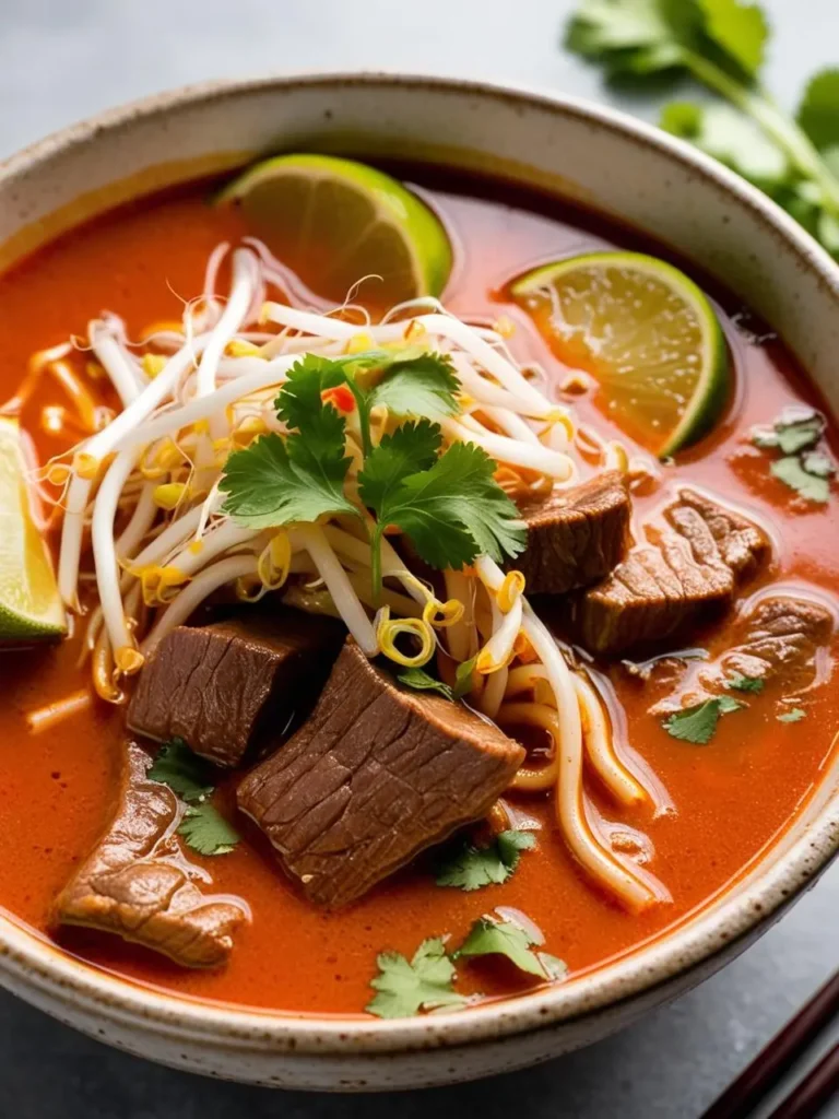 A bowl of steaming Tom Yum soup. The broth is a vibrant red color, filled with tender beef, rice noodles, and bean sprouts. Lime wedges and fresh cilantro garnish the top, adding a touch of freshness and aroma. The soup looks incredibly flavorful and inviting.