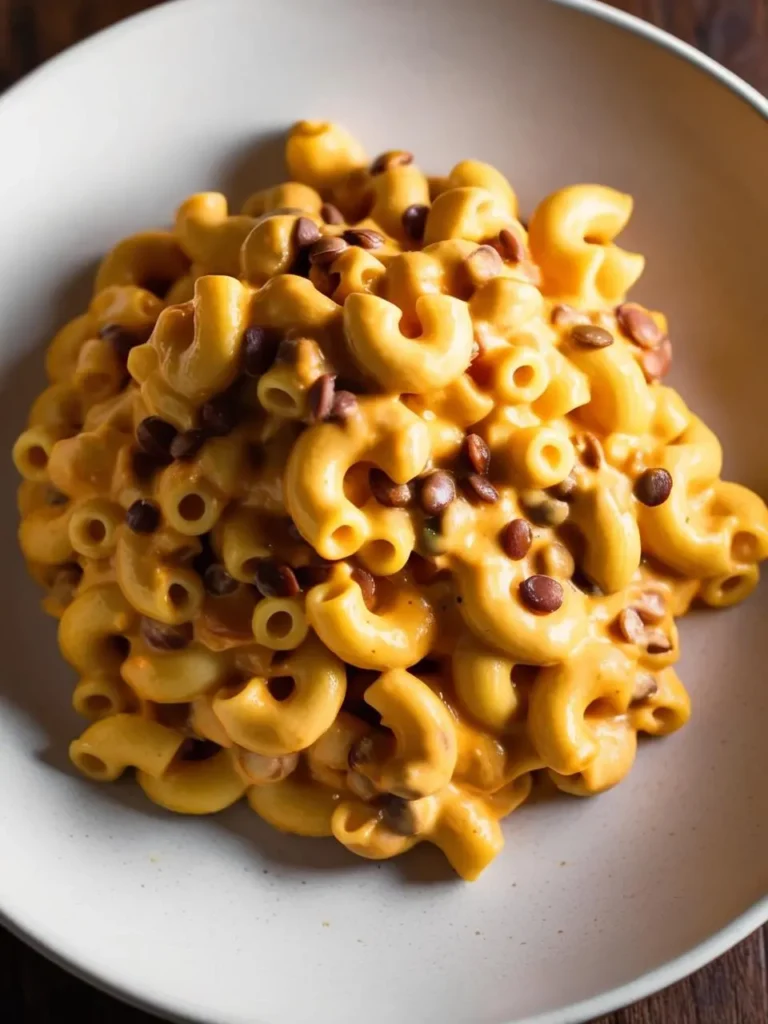 A bowl of creamy mac and cheese with a vibrant orange hue. The mac and cheese is generously topped with lentils, adding a touch of texture and protein. The dish looks incredibly appetizing and perfect for a cozy and comforting meal.