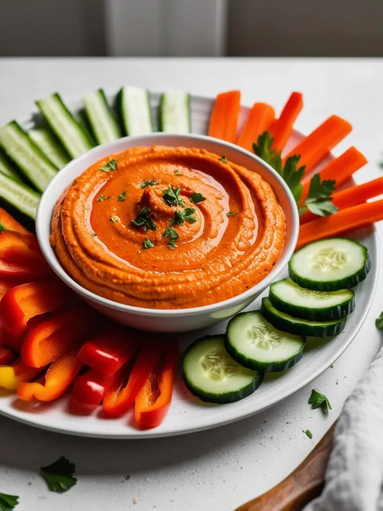 A bowl of vibrant red roasted pepper hummus sits at the center of a platter. It's surrounded by a colorful array of sliced vegetables, including cucumbers, carrots, and bell peppers. The hummus looks creamy and flavorful, perfect for dipping.