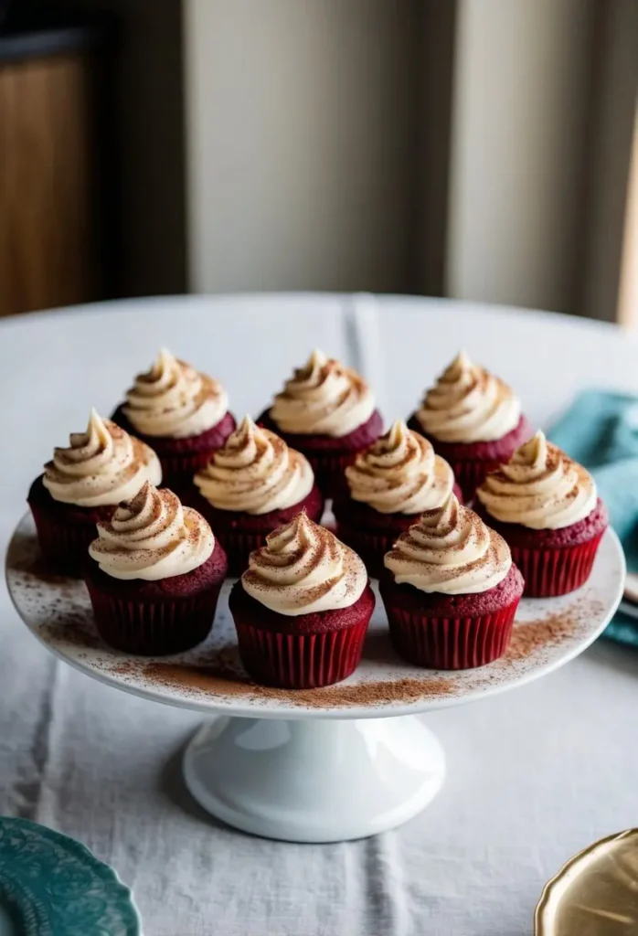 A table adorned with a platter of rich, red velvet cupcakes, topped with swirls of cream cheese frosting and a dusting of cocoa powder