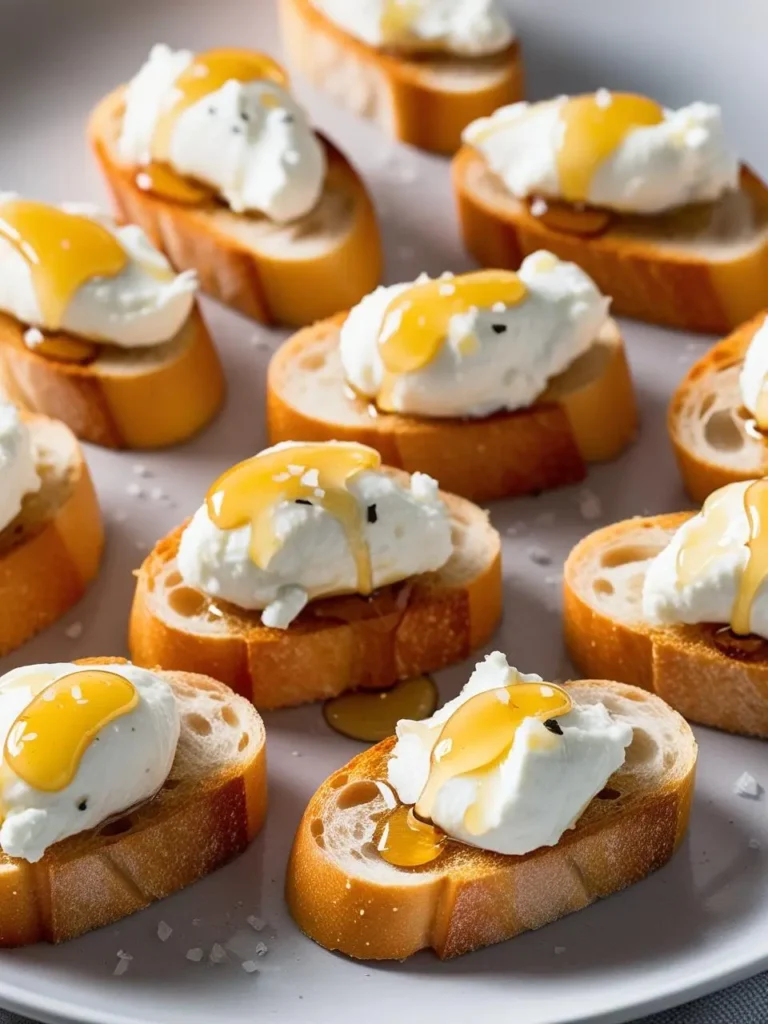 A plate of simple yet elegant crostini. Toasted bread is topped with creamy ricotta cheese and drizzled with honey. A sprinkle of sea salt adds a touch of texture and flavor. The crostini look light, refreshing, and perfect for a summer gathering.