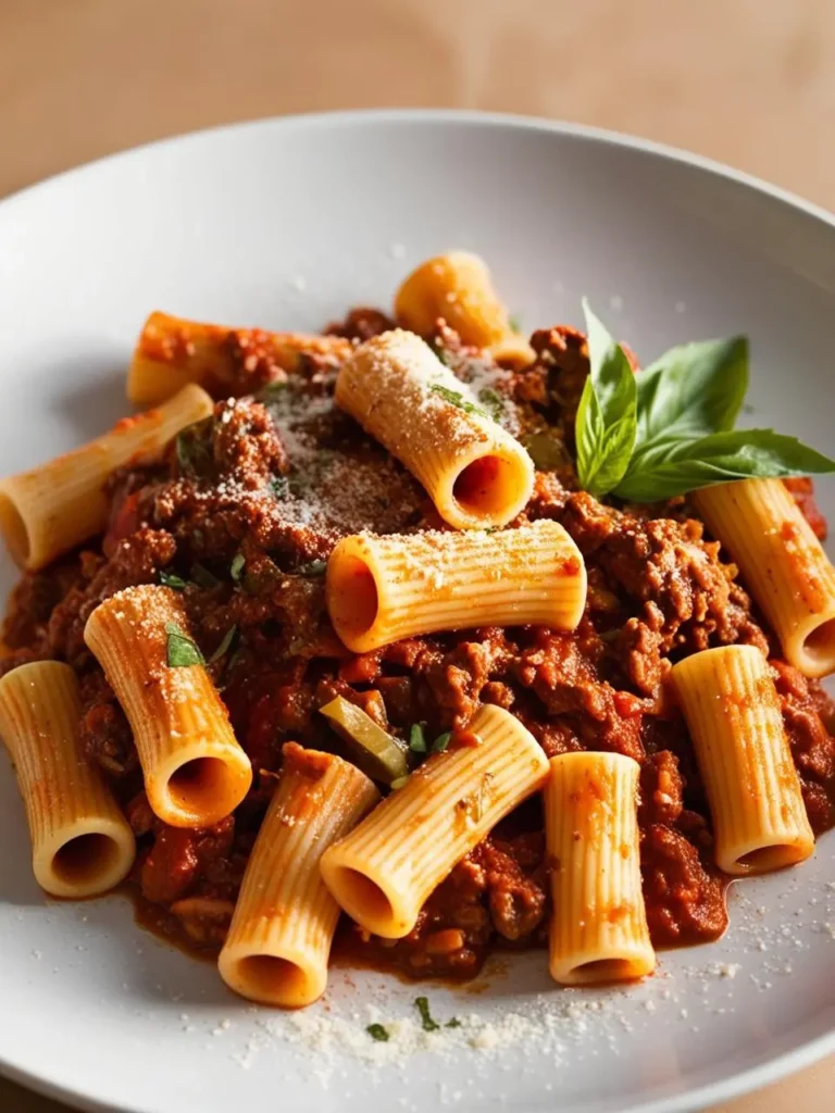 A plate of rigatoni pasta coated in a rich, meaty Bolognese sauce. The pasta is sprinkled with grated Parmesan cheese and garnished with fresh basil leaves. The dish looks incredibly flavorful and hearty, perfect for a satisfying meal.