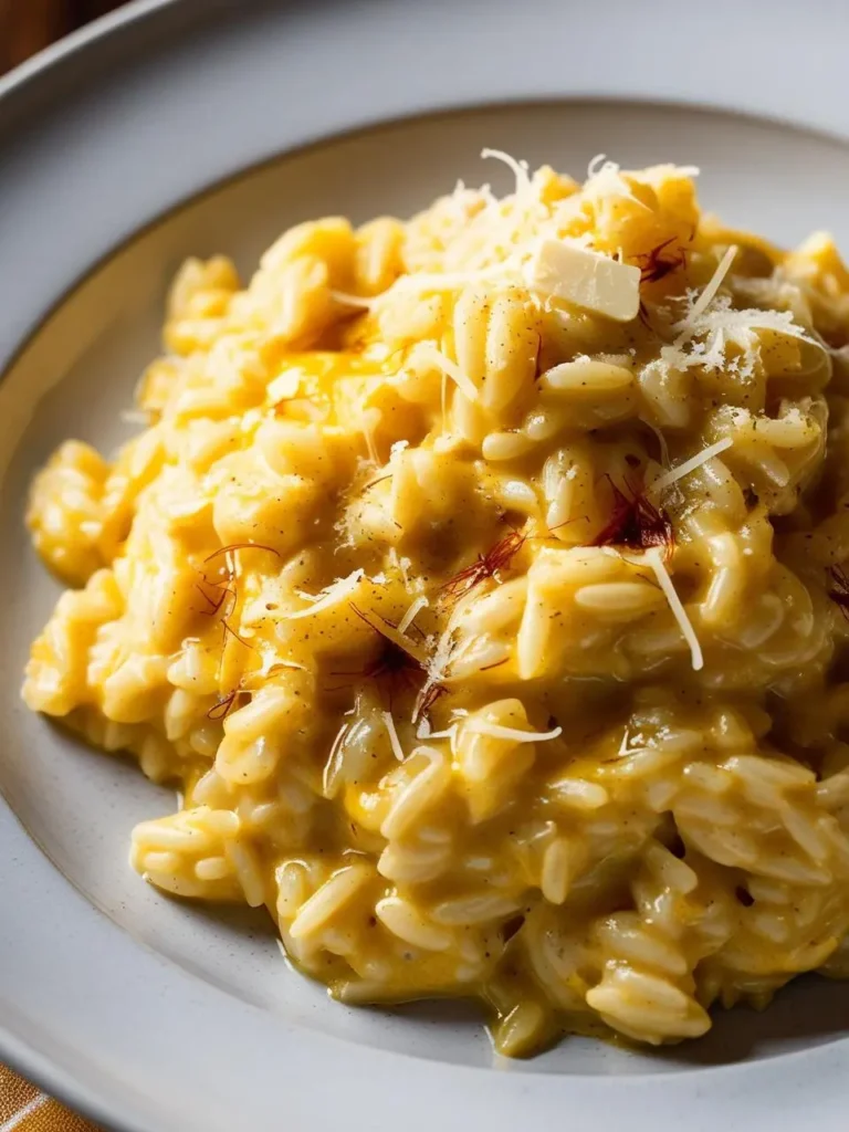 A plate of creamy saffron risotto. The risotto is cooked to a perfect al dente texture and infused with the warm, aromatic flavor of saffron. It's garnished with grated Parmesan cheese and a pat of butter, adding richness and depth.