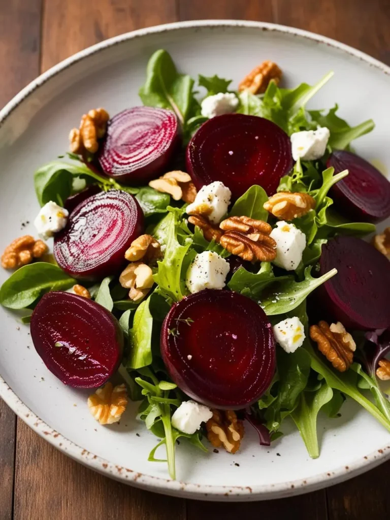 A vibrant beet salad with a mix of greens, roasted beets, crumbled feta cheese, and toasted walnuts. The colors are rich and inviting, making it a visually appealing and healthy dish.