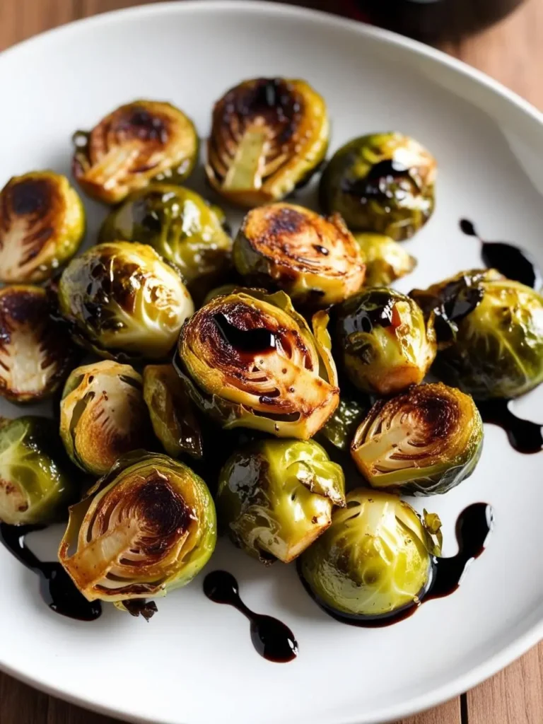 A plate of roasted Brussels sprouts with balsamic glaze, charred on the edges and glistening with a drizzle of the glaze.