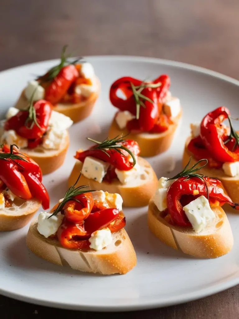 A plate of savory crostini topped with roasted red peppers and crumbled feta cheese. Fresh sprigs of rosemary add a touch of color and aroma. The crostini look delicious and perfect for a light appetizer or starter.