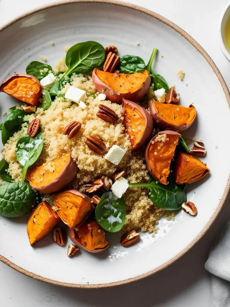 A vibrant and healthy salad with a base of quinoa. The salad is topped with roasted sweet potatoes, fresh spinach, crumbled feta cheese, and toasted pecans. A drizzle of dressing adds a touch of richness. The salad looks delicious and nutritious, perfect for a light and satisfying meal.