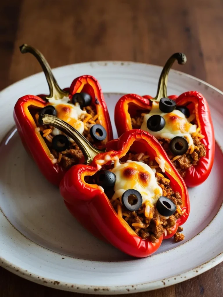 Three red bell peppers filled with a savory mixture of ground meat, rice, and cheese. The peppers are topped with black olives and baked until the cheese is melted and bubbly. The dish looks incredibly appetizing and perfect for a hearty and flavorful meal.