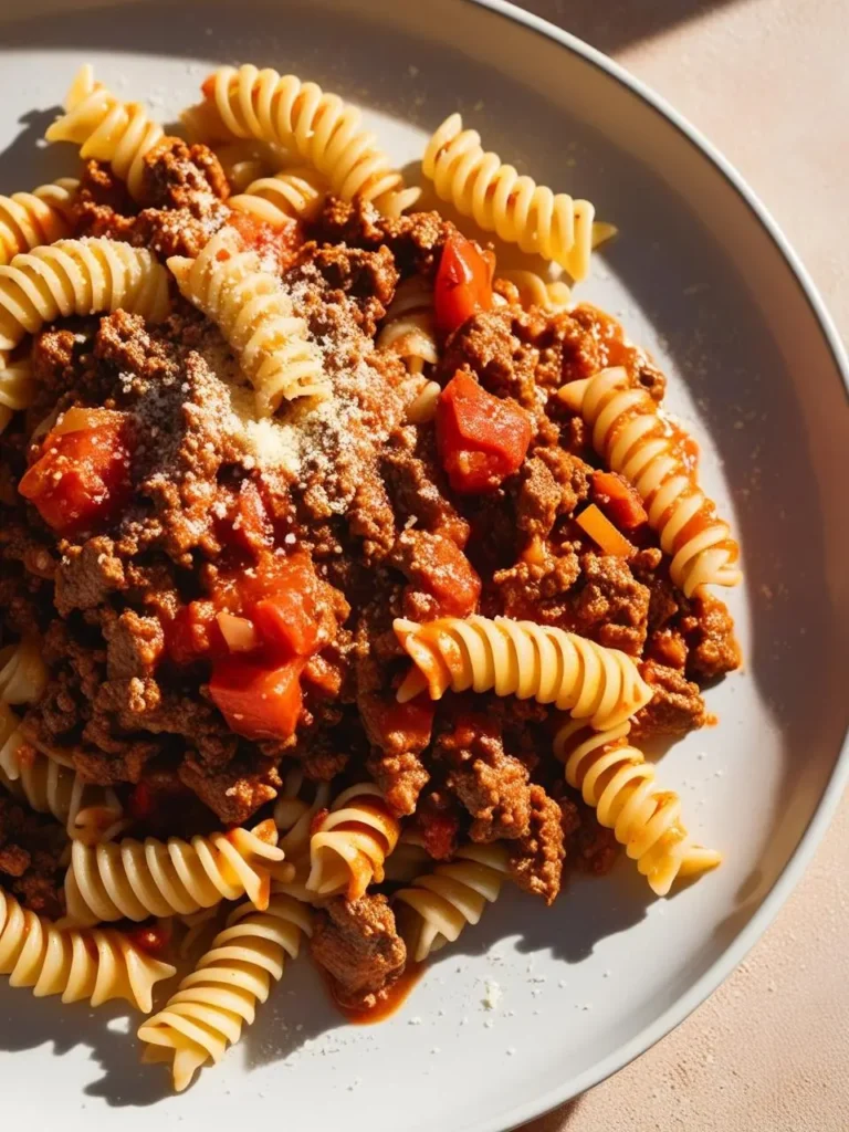 A plate of hearty Bolognese pasta. Rotini noodles are generously coated in a rich, meaty sauce, likely made with ground beef, tomatoes, and a blend of savory herbs. The pasta is topped with grated Parmesan cheese, adding a touch of texture and flavor. The dish looks incredibly appetizing and perfect for a satisfying meal.