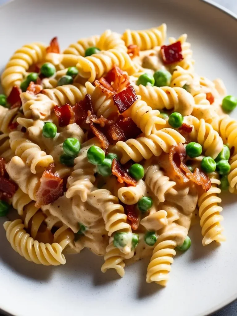 A plate of creamy rotini pasta with bacon and peas. The pasta is coated in a rich, creamy sauce and sprinkled with crumbled bacon and fresh peas. The dish looks incredibly appetizing and perfect for a comforting meal.