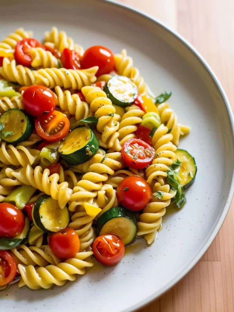 A plate of vibrant rotini pasta salad. The pasta is tossed with chopped vegetables like cherry tomatoes, zucchini, and bell peppers. Fresh herbs and a light vinaigrette add color and flavor. The dish looks light, refreshing, and perfect for a summer meal.