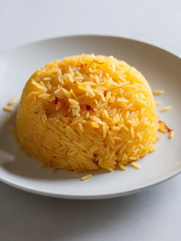 A plate of saffron rice, with strands of saffron visible throughout the golden-yellow grains. The rice is fluffy and aromatic, making it a perfect side dish for any meal.