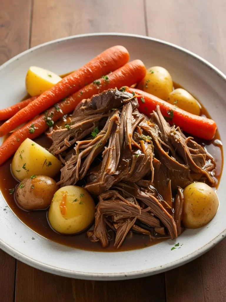 A plate of tender shredded pot roast smothered in a rich, brown gravy. It's served with a medley of roasted carrots and potatoes, making it a hearty and comforting meal.