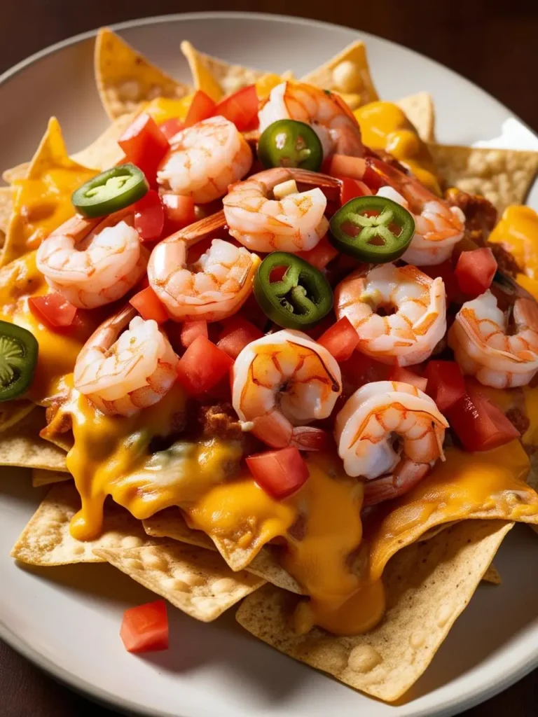 A plate of shrimp nachos with crispy tortilla chips, melted cheese, chopped tomatoes, sliced jalapeños, and a generous portion of cooked shrimp.