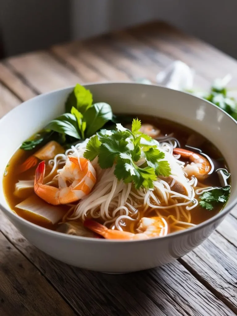 A bowl of steaming seafood pho. The broth is rich and flavorful, filled with rice noodles, shrimp, and fresh herbs like cilantro and basil. The pho looks incredibly inviting and perfect for a warm and comforting meal.