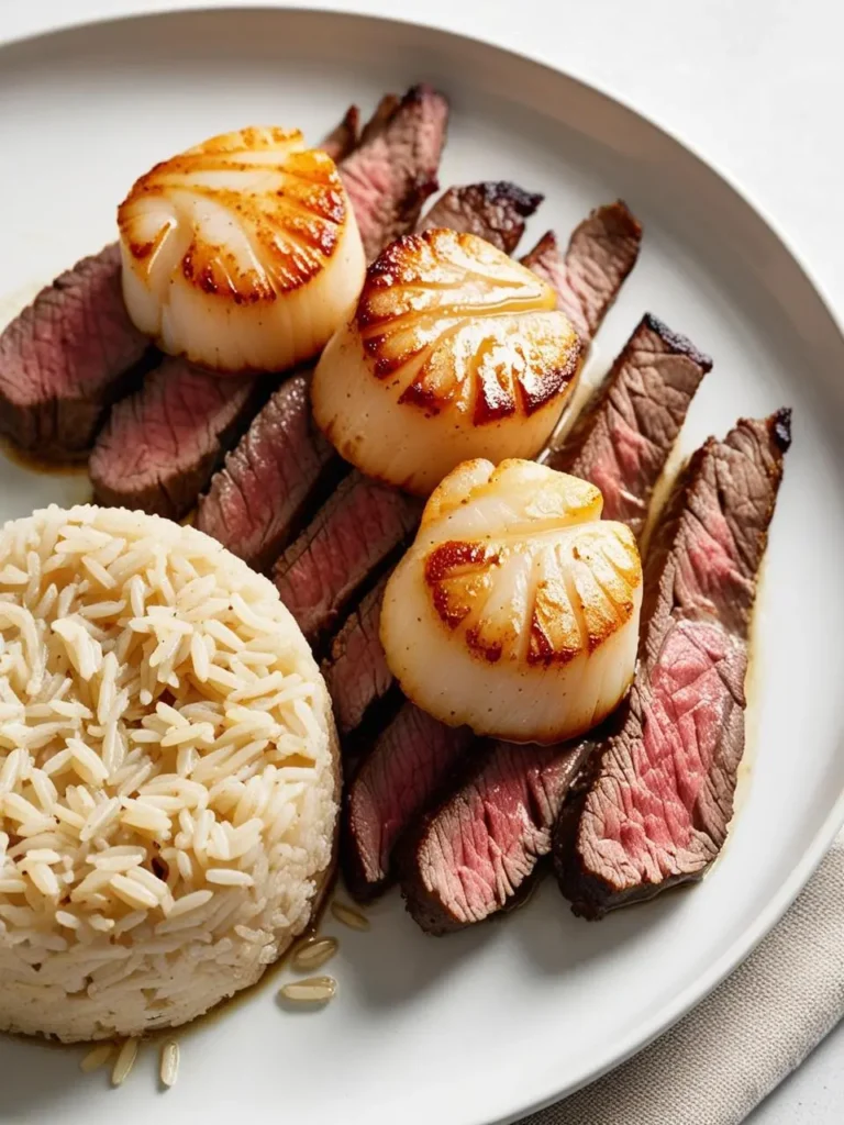 A plate of surf and turf with perfectly seared scallops and sliced steak. A mound of fluffy white rice sits alongside, completing the meal. The dish looks elegant and delicious, with a beautiful presentation.