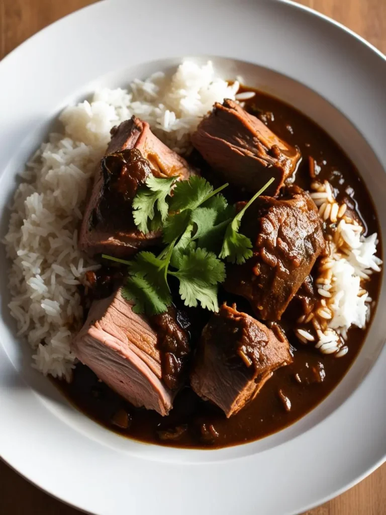 A plate of hearty beef stew with a side of fluffy white rice. The stew is a rich, reddish-brown color, suggesting a flavorful blend of spices and herbs. The dish looks incredibly appetizing and perfect for a satisfying meal.