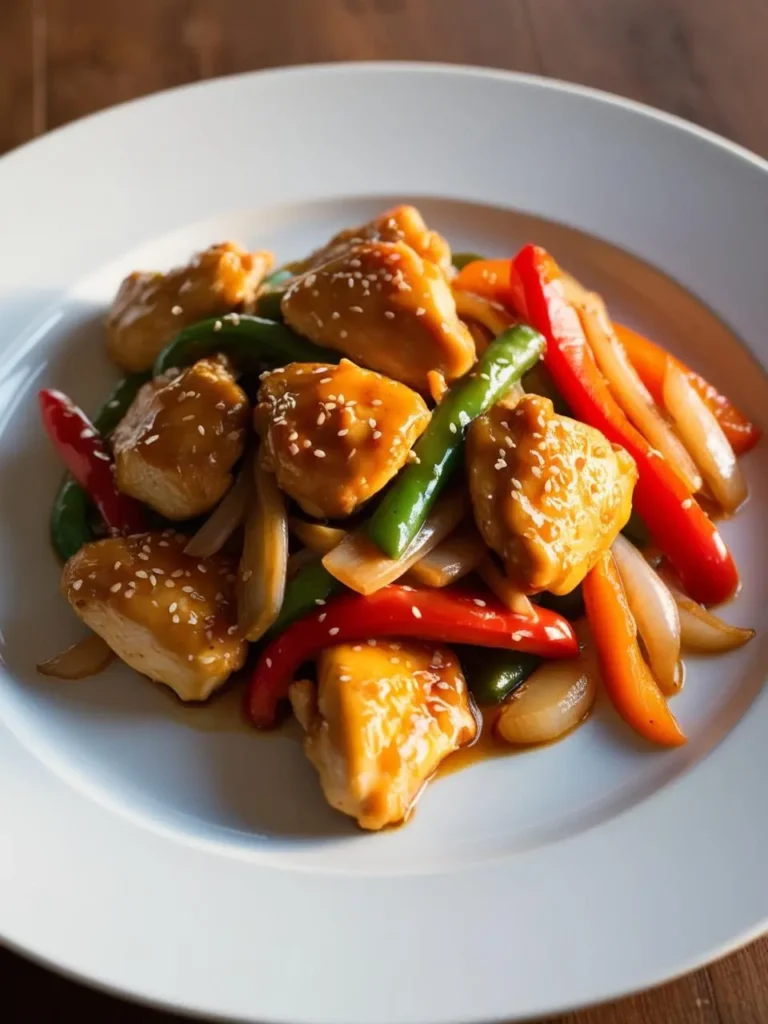 A plate of teriyaki chicken with a glossy glaze, served with a medley of colorful vegetables like green beans and bell peppers. The dish is sprinkled with sesame seeds and looks incredibly appetizing.